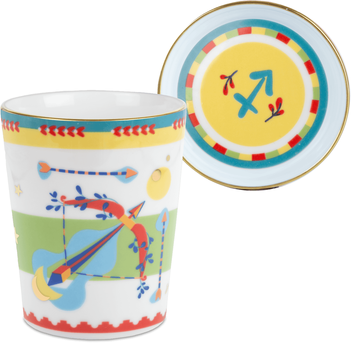 Sagittarius zodiac espresso cup with porcelain lid and saucer — Baci Milano Zodiac Vibe