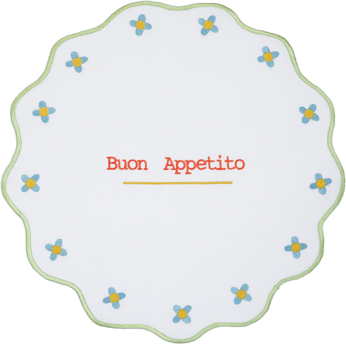 Italian Buon Appetito embroidered placemat styled on a Mamma Mia tablescape — Baci Milano