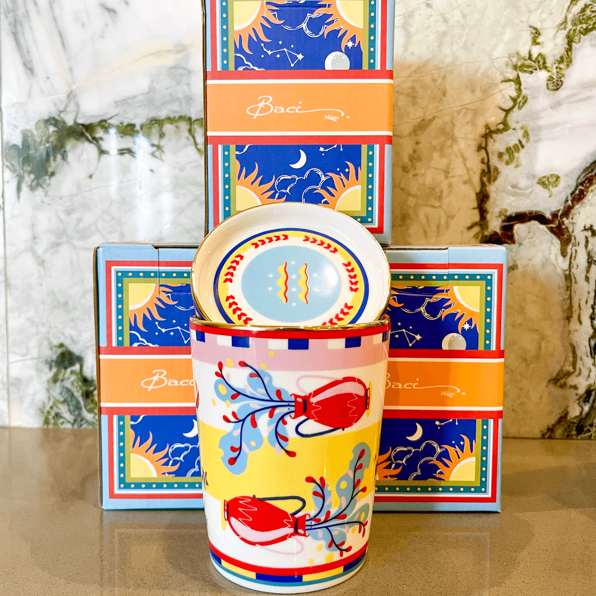 Cup with Lid/Saucer - Aquarius - Zodiac Vibe - Baci Milano