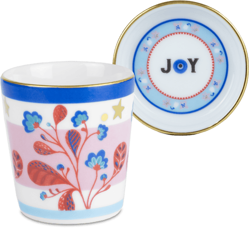 Hand-decorated Italian porcelain espresso cup with saucer and lid - Leaves motif - Mamma Mia by Baci Milano