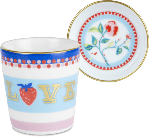 Hand-decorated Italian porcelain espresso cup with saucer and lid - Love motif - Mamma Mia by Baci Milano
