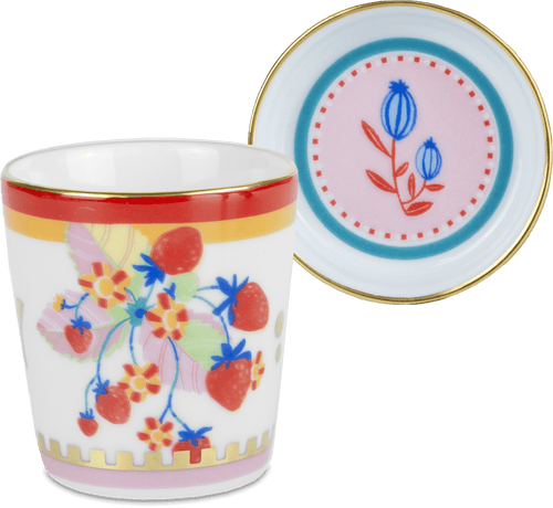 Hand-decorated Italian porcelain espresso cup with saucer and lid - Strawberries motif - Mamma Mia by Baci Milano